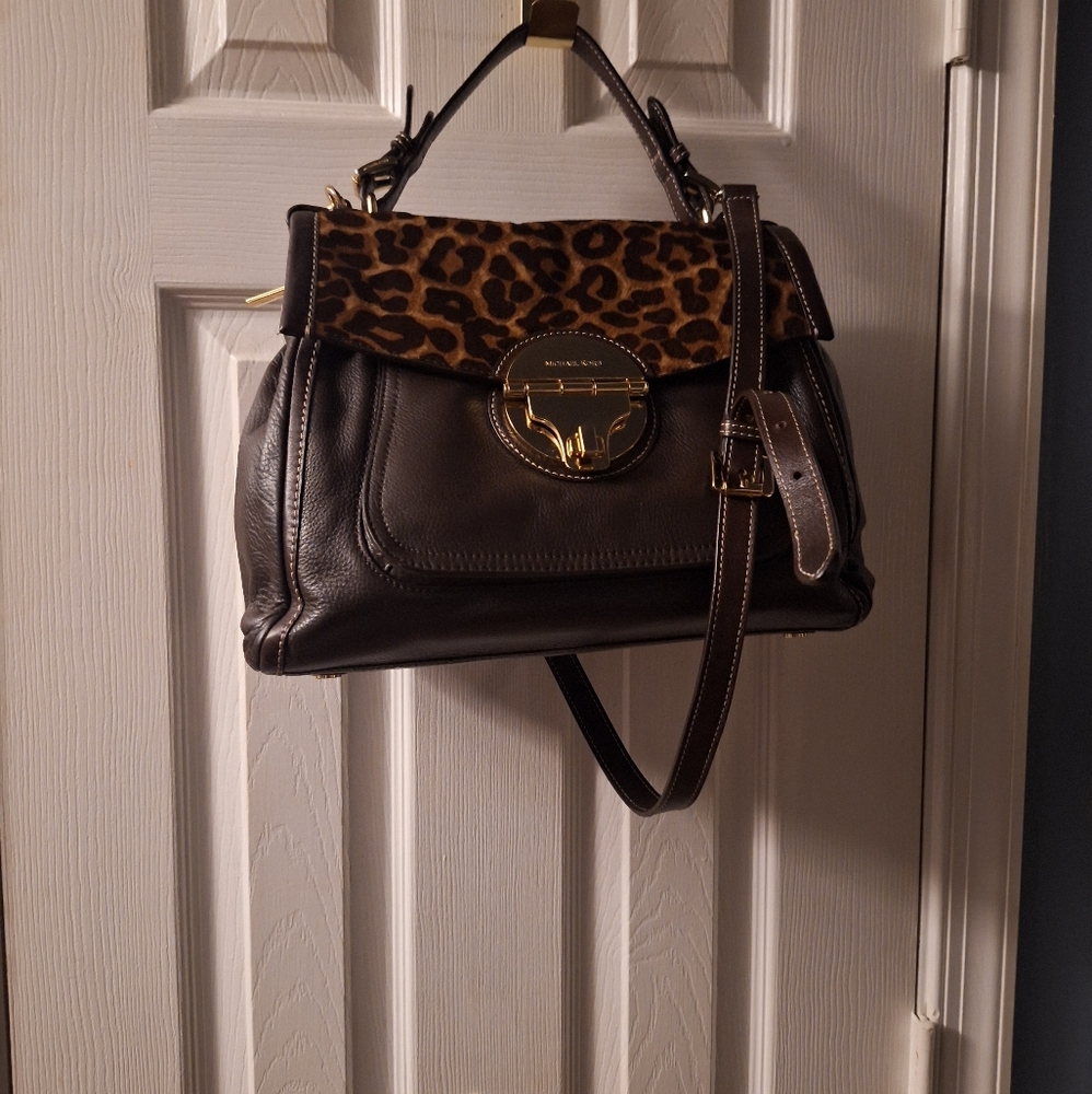 Michael Kors Dark Brown Satchel with Leopard Accent